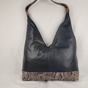 ​CECCONI PIERO Italy Black Leather Hobo Bag Snakeskin Trim Large Shoulder Bag
​